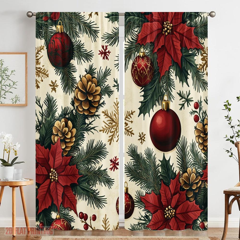 2 Stück, 2D-Flachdruck Vorhangstoff Weihnachtsornamente Festliche Feiertag_b (3) Vielseitiger Stoff (ohne Stange) Dekorationen