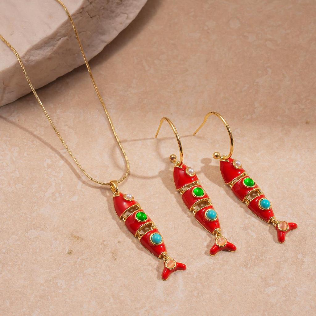 Stainless Steel Fish Tassel Pendant Earrings & Necklace Set - Women's Light Luxury Jewelry