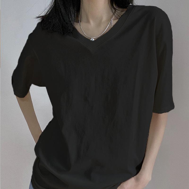 New Summer Pure Cotton V-neck White T-shirt Women's Short-sleeved Solid Color T-shirt Women's Straight Loose and Thin Top