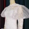 Plus Size Women's See-through Lace Patchwork Puff Sleeve Dress, Round Neck, Cinched Waist, Mid-length.