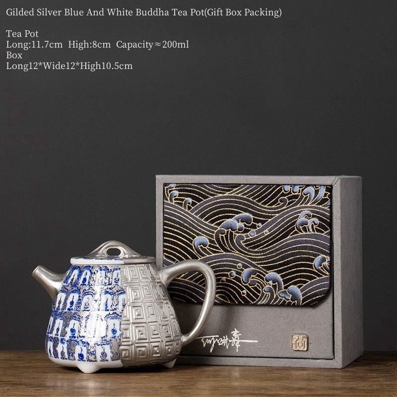 200ml Master He Fusen Hand Made Gilded Silver Blue And White Buddha TeaPot Gilded Silver TeaSet KungFu Tea Set Collection Kettle