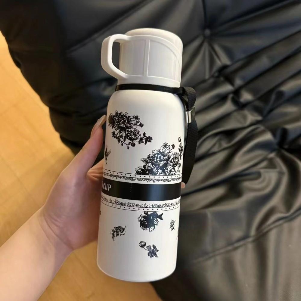 Stainless Steel Gardenia Thermo Bottle Double Layer Large-capacity Sports Kettle with Cover Bowl Tea Drain