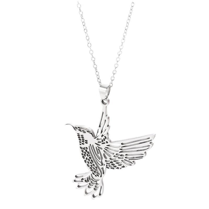 Fashion Simple Hollow Hummingbird Pendant Stainless Steel Sweater Necklace For Women