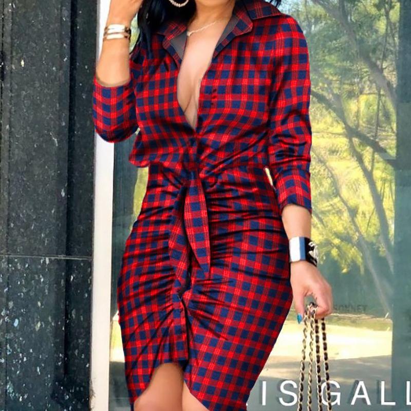 BITCED Women's Summer V-Neck Tie Solid Colour Long Sleeve Mid-Length Shirt Dresses