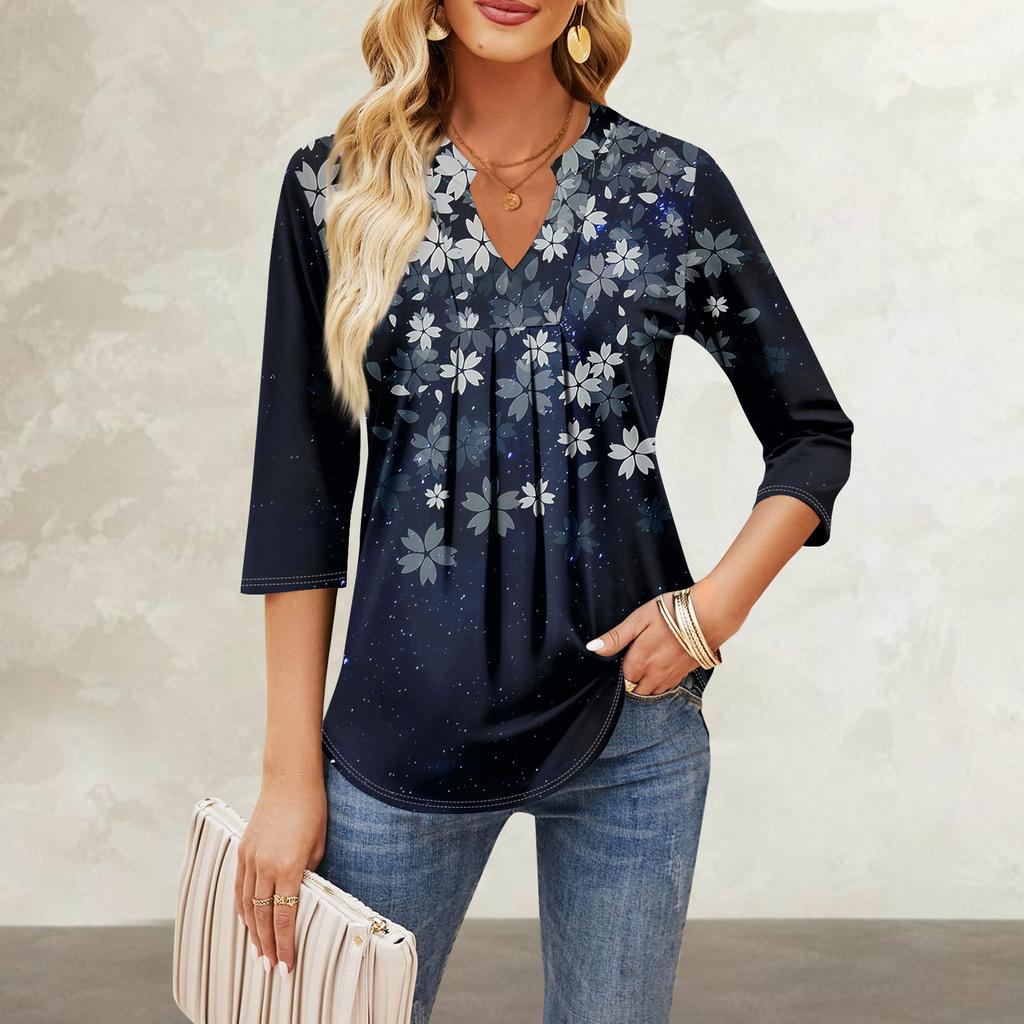 Dámské topy se sedmičtvrtečními rukávy Ležérní výstřih do V na hrudi volánky Potisk Volné topy na trička