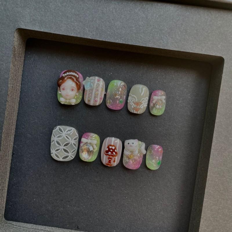 Handmade Press-On Nails Short Square Almond Shape Caramel Pearl Glitter Chain Luxury Style Extra Small