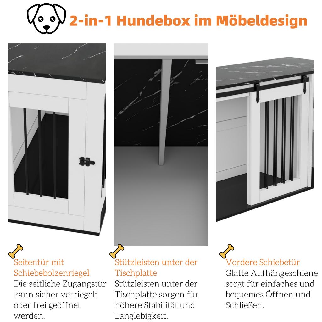 2-in-1 Hundebox, Holz-Metall, als Beistelltisch, für kleine bis mittelgroße Hunde, 140 x 60 x 87 cm, Weiß, Tischplatte mit schwarzer Marmor-Effekt-Folie