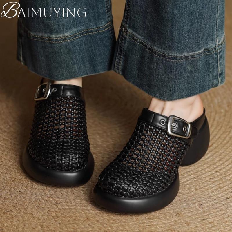 Mesh Platform High Heels Weave Women Slippers Hollow Sandals Mules Casual Shoes Woman 2025 Summer Fad Beach Loafers Slides Dress