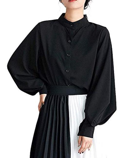 Lopuks Volume Sleeve Shirt Long Women's Blouse, Sleeve, Figure-Flattering (Black, L)