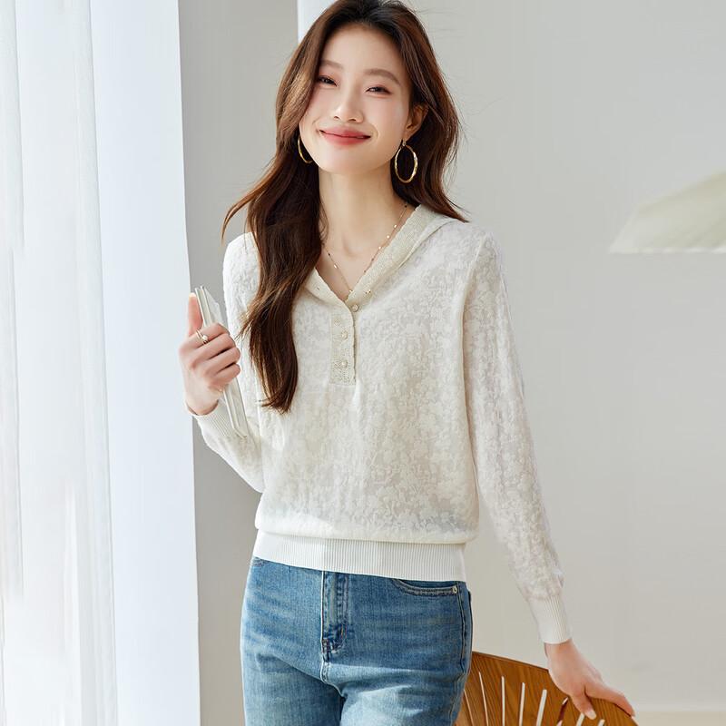 Women s Short Hooded Lace-Knit Wool Blend Sweater L