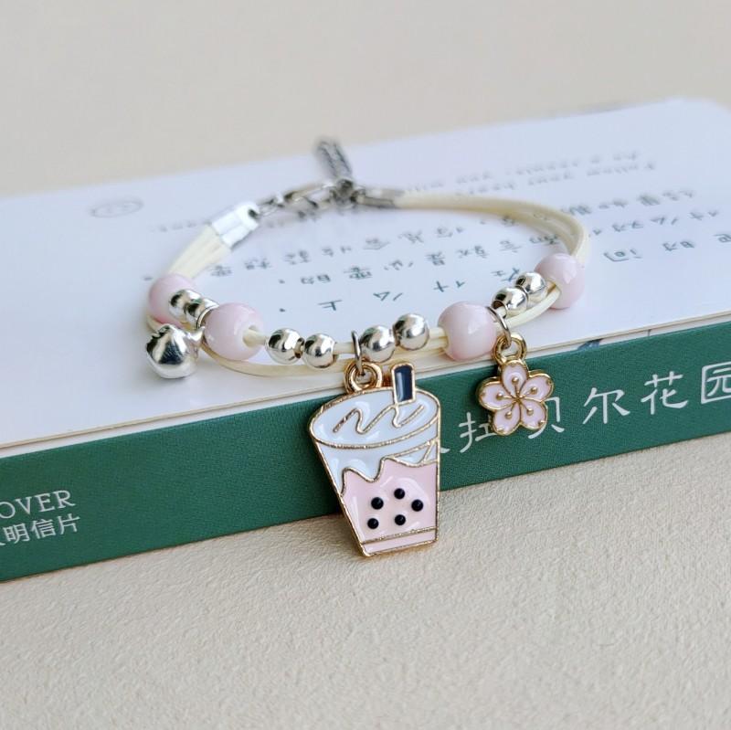 New Simple Cute Cartoon Bunny Bracelet for Women Sweet Pink Series Pendant Hand-Wowen Bracelets Bangles Couple Friends Gift