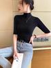 Women's Black Ribbed Three-Quarter Sleeve Slim-Fit Half-High Neck T-Shirt for Spring/Autumn 2025