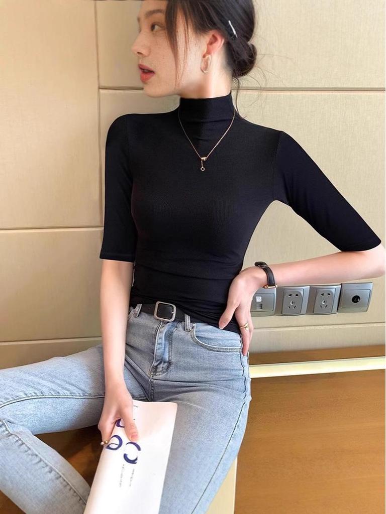 Women's Black Ribbed Three-Quarter Sleeve Slim-Fit Half-High Neck T-Shirt for Spring/Autumn 2025