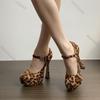 Fashion Sexy Leopard Waterproof Platform Women Pumps Round Toe Buckle Strap Super High Heels Women Shallow Mouth Shoes Big Size 35-45