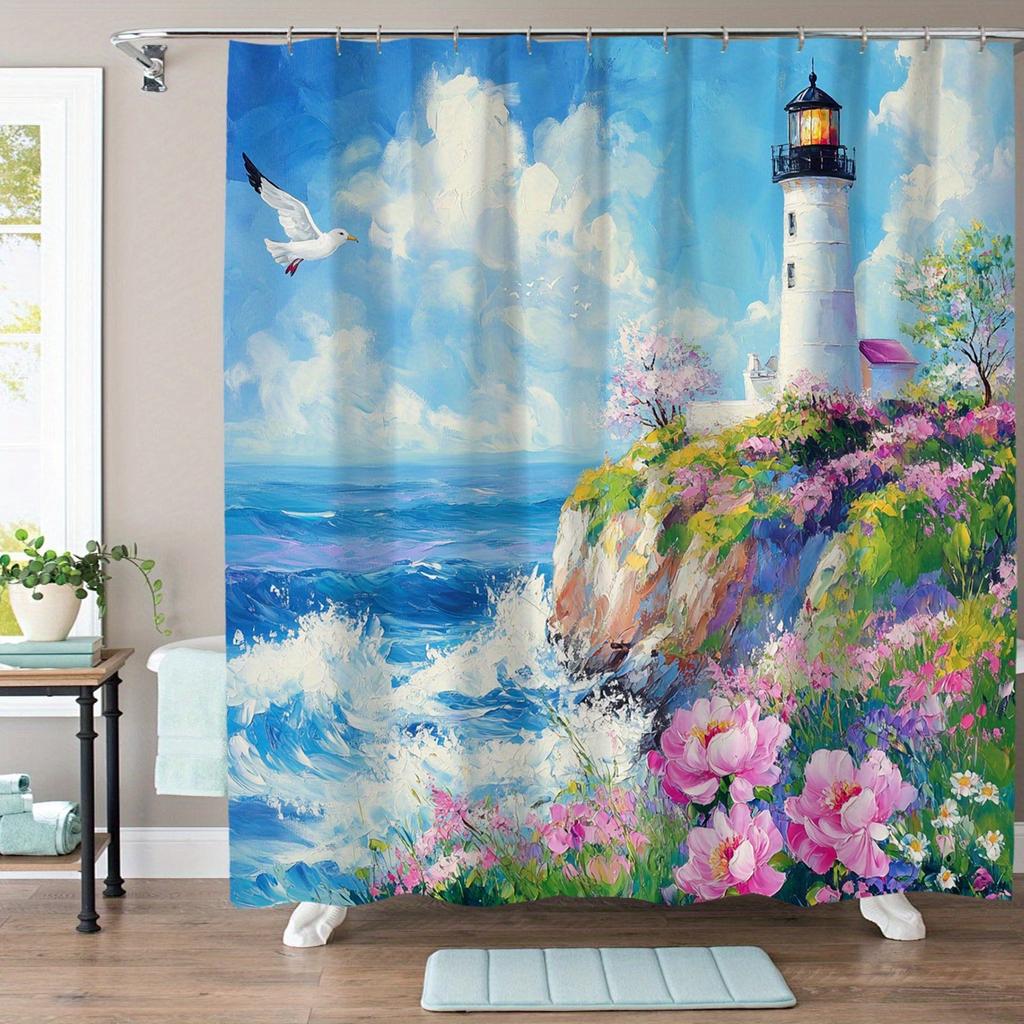 1pcs Coastal Lighthouse Theme Digital Printed Shower Curtain, Waterproof Polyester Fabric, With Hooks, Machine Washable