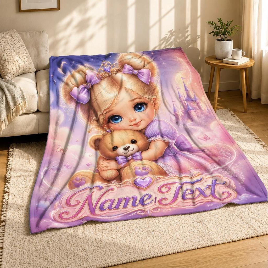 Princess Girl With Teddy Bear Name Coral Fleece Blanket