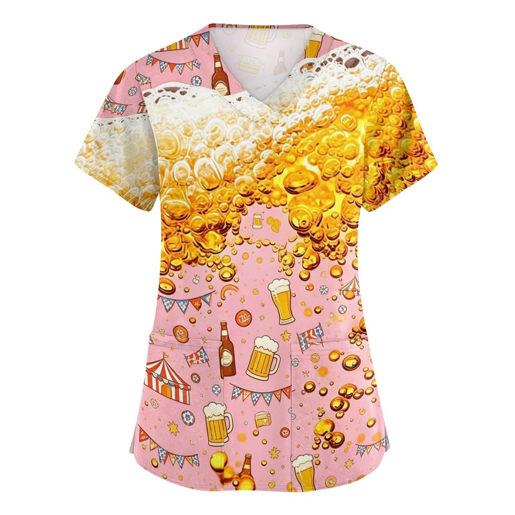 Womens V Neck Short Sleeve Work Shirt with Pockets Beer Festival Print Casual Medical Scrub Top for Caregivers Nurses and Hospitality Staff