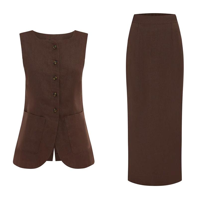 

Повседневные хлопковые длинные юбки, женские летние элегантные однобортные безрукавки с карманами, жилет с высокой талией, разрезные макси-юбки, костюмы из 2 предметов M коричневый
