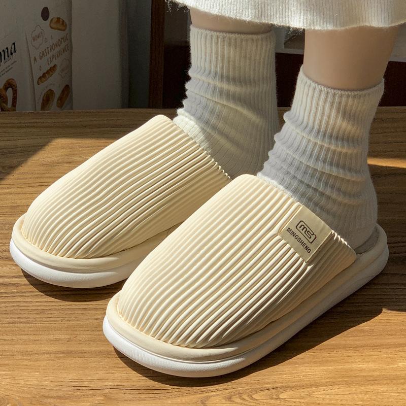 Light luxury striped cotton slippers autumn and winter indoor home velvet warm couple floor waterproof and non-slip slippers