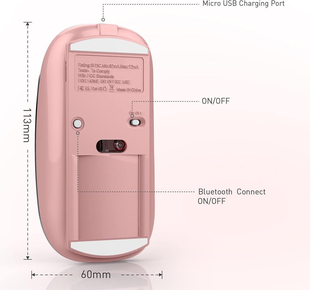 Bluetooth Mouse for iPad Pro, iPad Air, Mac, MacBook Pro, MacBook Air, MacBook, Laptop, Chromebook, Win81011, HP, Dell, and PCs (Pink)