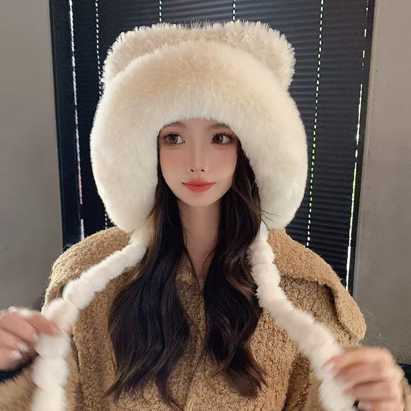 Women's Faux Fur Plush Hat with Braided Ears - Winter Warmth & Cold-Proof Protection