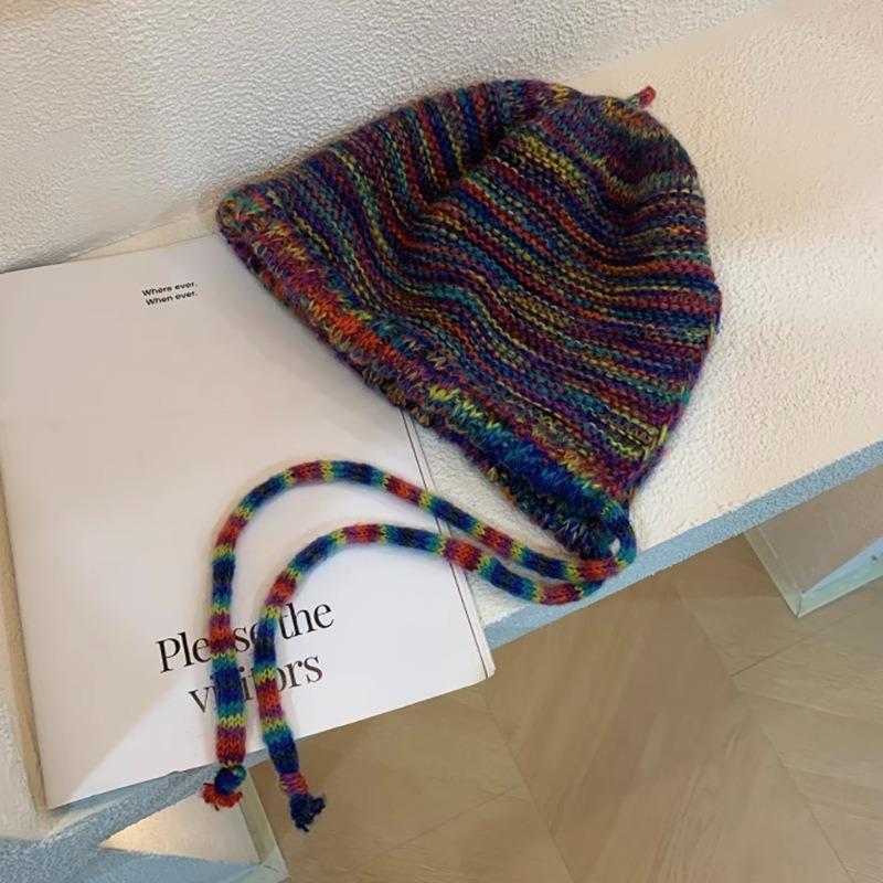 Winter Ear Protection Hat Rainbow Stripe Knitted Headgear Korean Women Fisherman Cap Girls Ski Riding Bonnet
