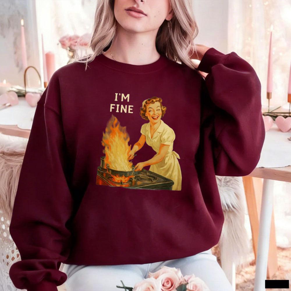 I’m Fine Retro Funny Housewife Graphic Sarcastic for Women USA Autumn and Winter Sweatshirt Long Sleeve Casual Thermal Hoodie