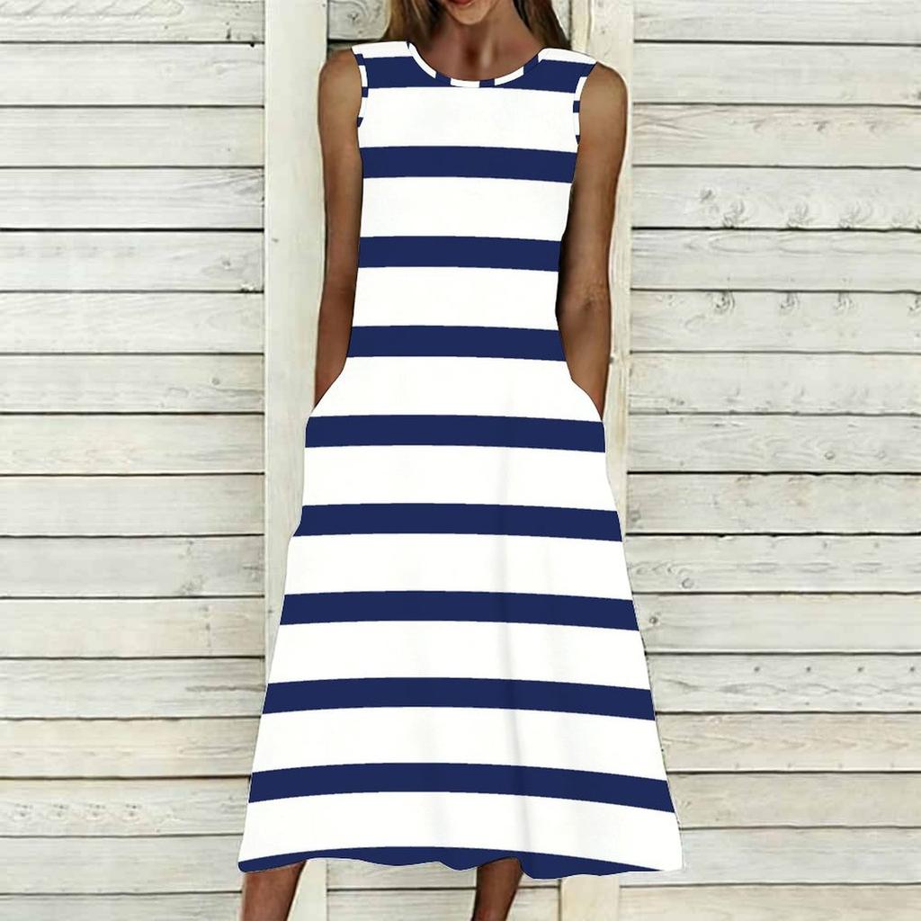 Oversized Women Sleeveless Round Neck Dress Striking Large Floral Pattern Loose Calf Length Gown