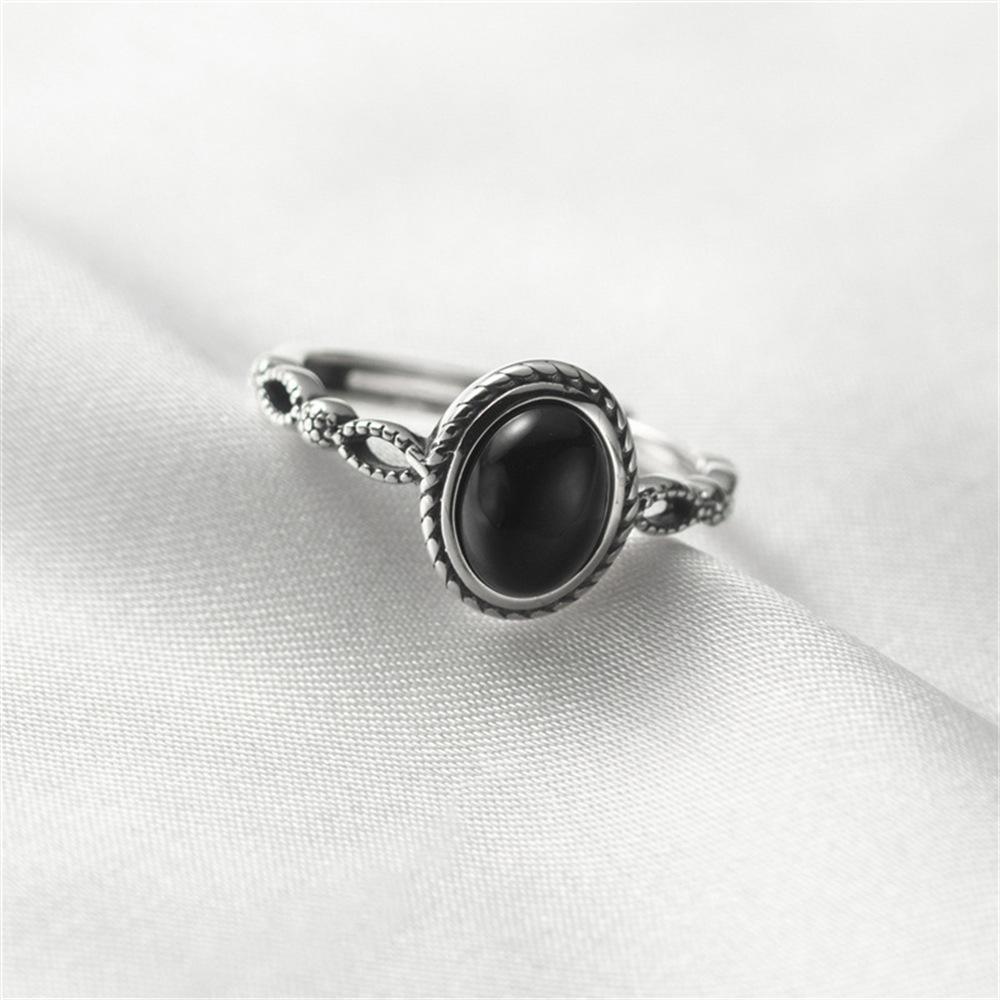 Oval black agate ring, old fashion ring, personalized Korean version ins niche design sense index finger ring Adjustable opening