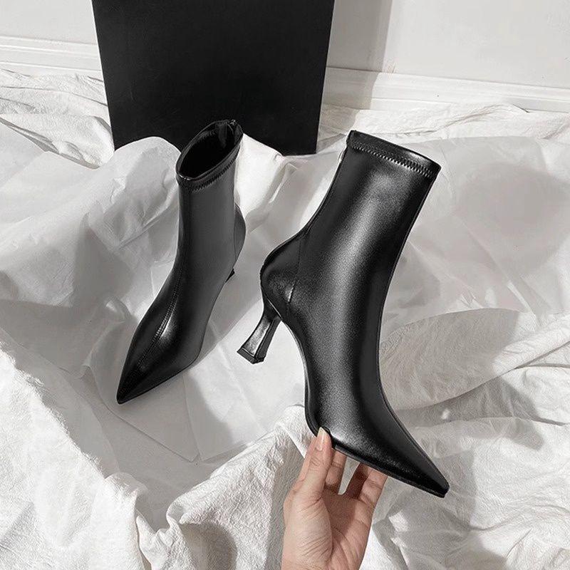 Women's High Heel Stiletto Ankle Boots - Brown/Beige, Early Autumn, Pointed Toe, Elastic Fit, Chic Style.