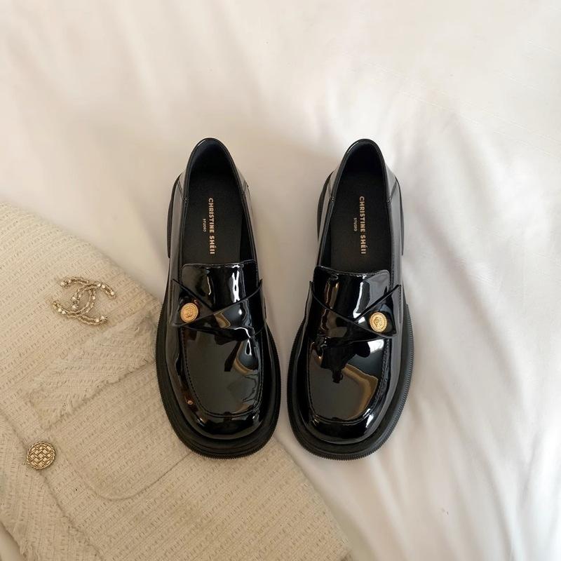 Lan Cabinet Edition~ Thick-soled thick-heeled gold-buckled small leather shoes for women's 2025 spring and autumn new square-headed small gold coin l