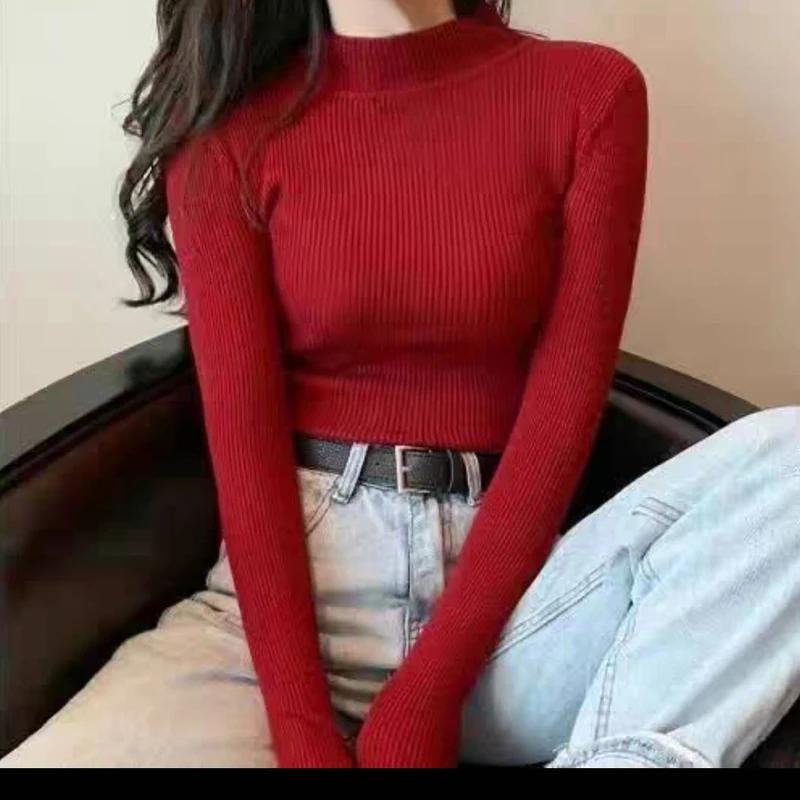 Suéteres de manga larga de otoño para mujer, suéteres de punto de cuello medio alto, prendas de punto casuales para mujer, tops de color sólido, ropa de invierno ajustada 27972
