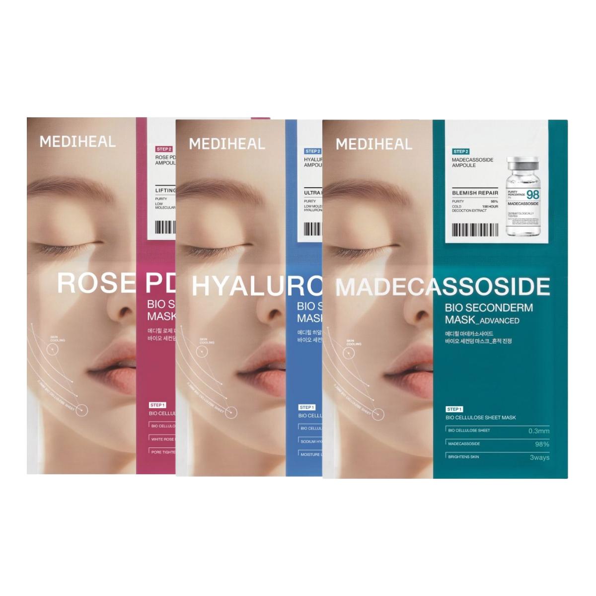 Mediheal Bio Seconderm Mask Variety Pack 3 Types 30 Sheets Set (PDRN + Madecassoside + Hyaluronic Acid)