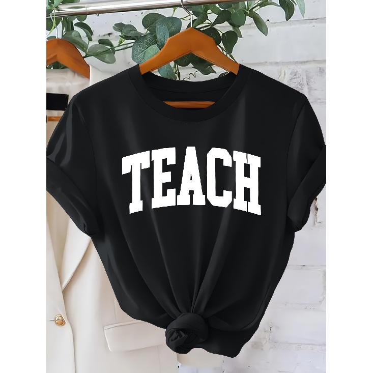 Women's Simple College-Style Printed Short Sleeve Shirt TEACH Letter Print Crew Neck T Shirt Elegant Party Holiday Casual Loose-fitting Top 2026