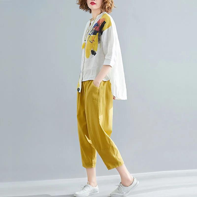 

Костюм для мамы на весну и лето, свободная женская рубашка больших размеров, женская блузка, брюки с девятью точками, костюм из двух частей L жёлтый