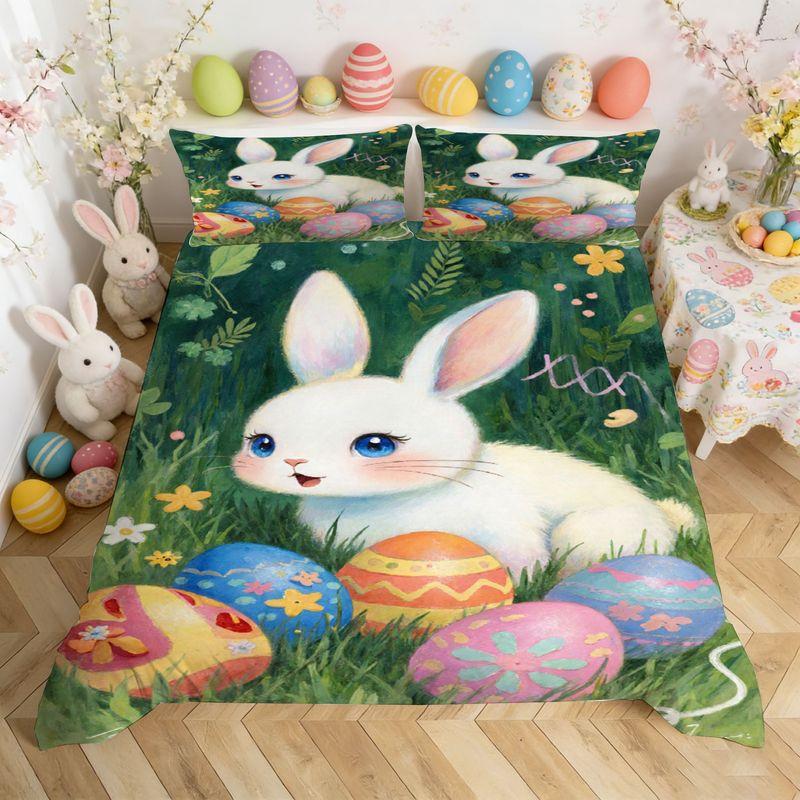 Bedding Pillowcase Quilt Cover 3-Piece Set Cute White Rabbit,Easter Egg Pattern,Easter Decoration