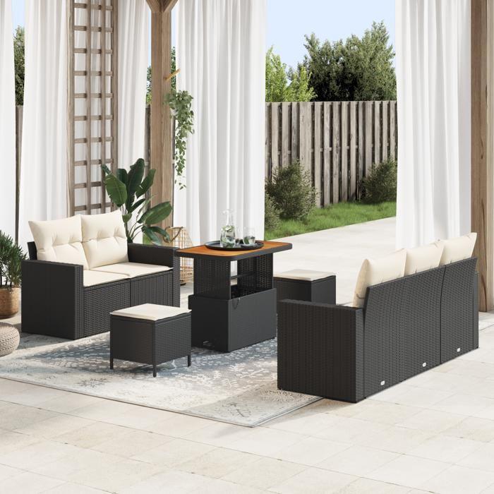 Ensemble de canapés de jardin de 8 pièces avec coussins noir poly rattan acacia, Ensemble de salle à manger de jardin 3 3361560