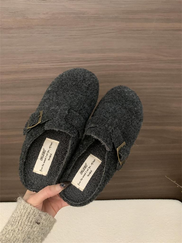 New Women Slippers Mules Fur Women Shoes Winter New Buckle Flats Platform Walking Plush Ladies Slides Casual Warm Indoor Boots