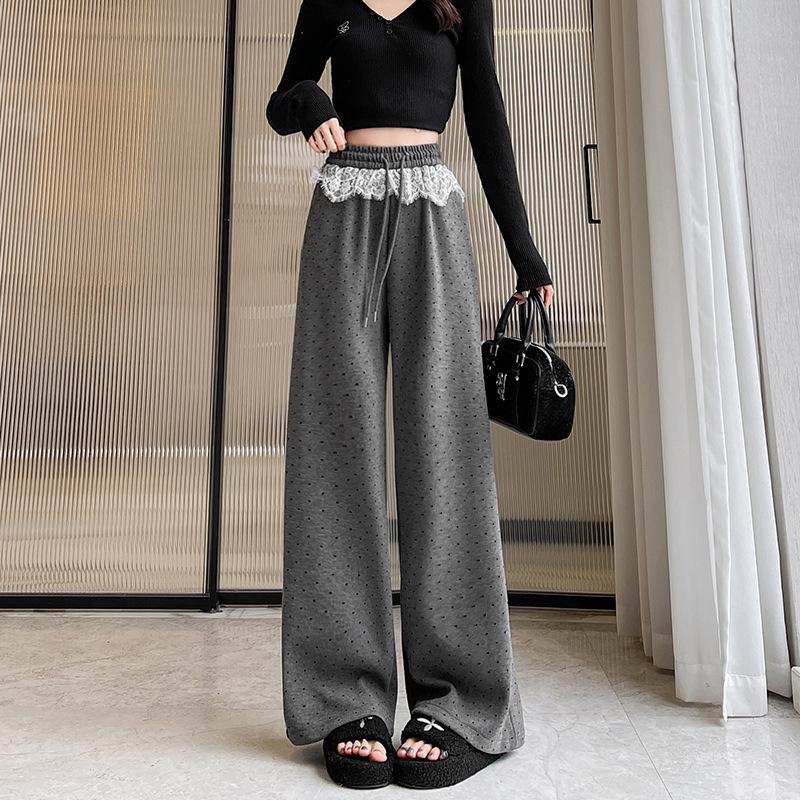 Women's Black Polka Dot Lace Trim Wide-Leg High-Waist Sporty Sweatpants (2025)