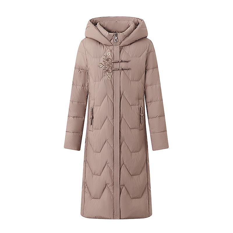 2024 Winter Chinese Style Mid-Length Down Jacket for Middle-Aged Women, Over-the-Knee, Plus Size