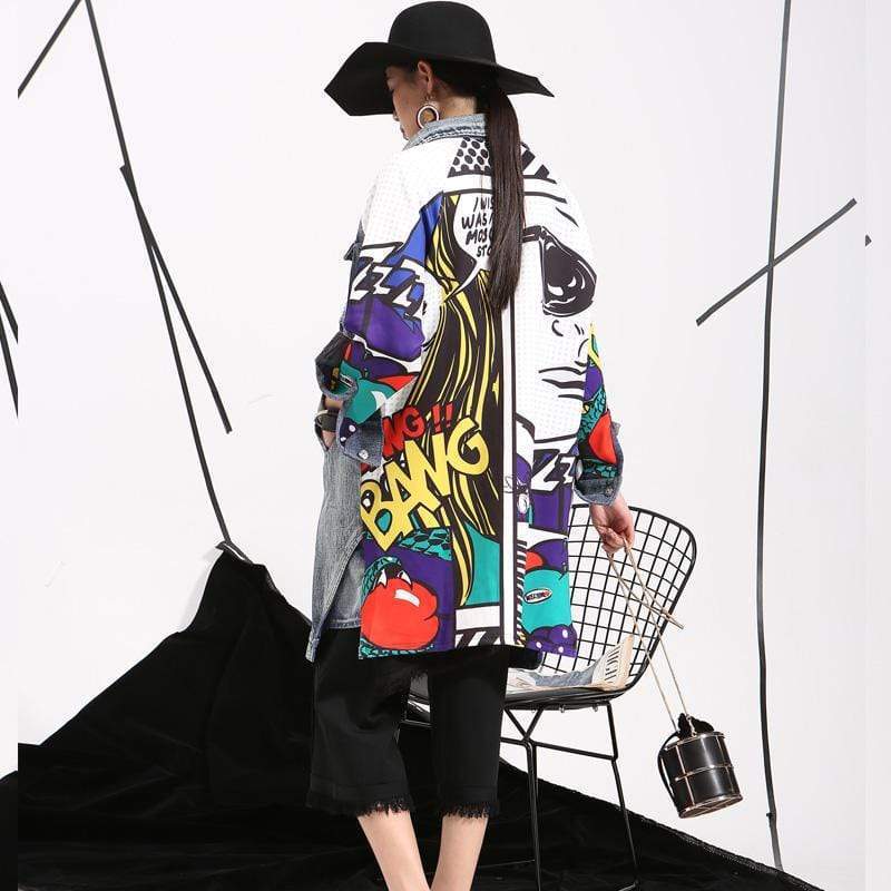 New Women's Denim Trench Coat Fashion Abstract Creative Pattern Splicing Loose Washing Denim Jacket