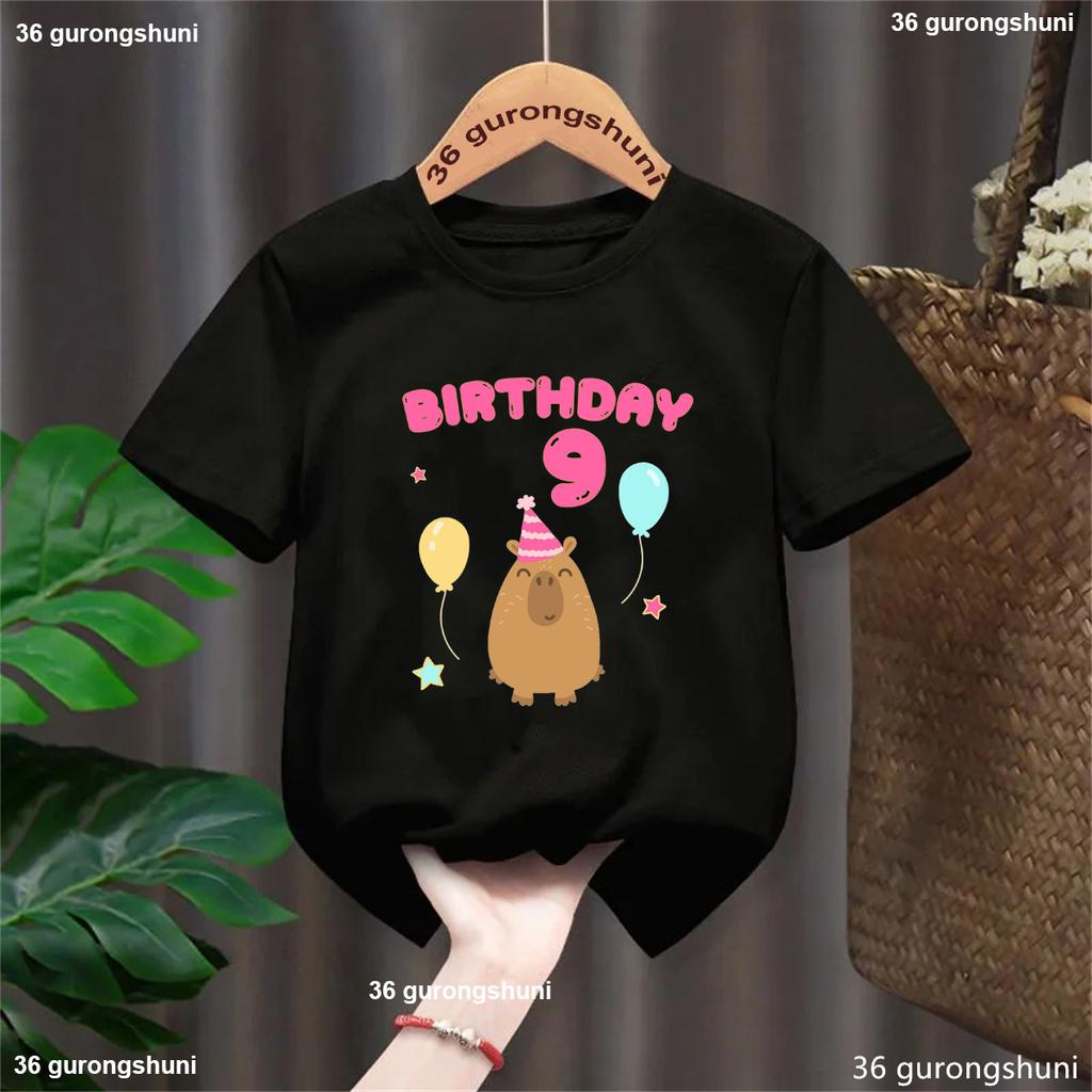 5th/6th/7th/8th/9th Birthday Capybara Balloon Printed Tshirt Girls/Boys Funny Kawaii Kids Clothes Fashion Solid T-Shirt Tops