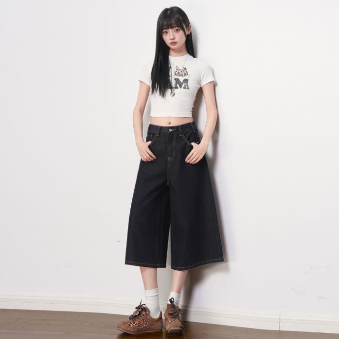 Fashion Dark Blue High Waist Casual Wide Leg Cropped Capri Denim Pants For Women Loose Straight Slimming FigureFlattering AllMatch Capri Trousers