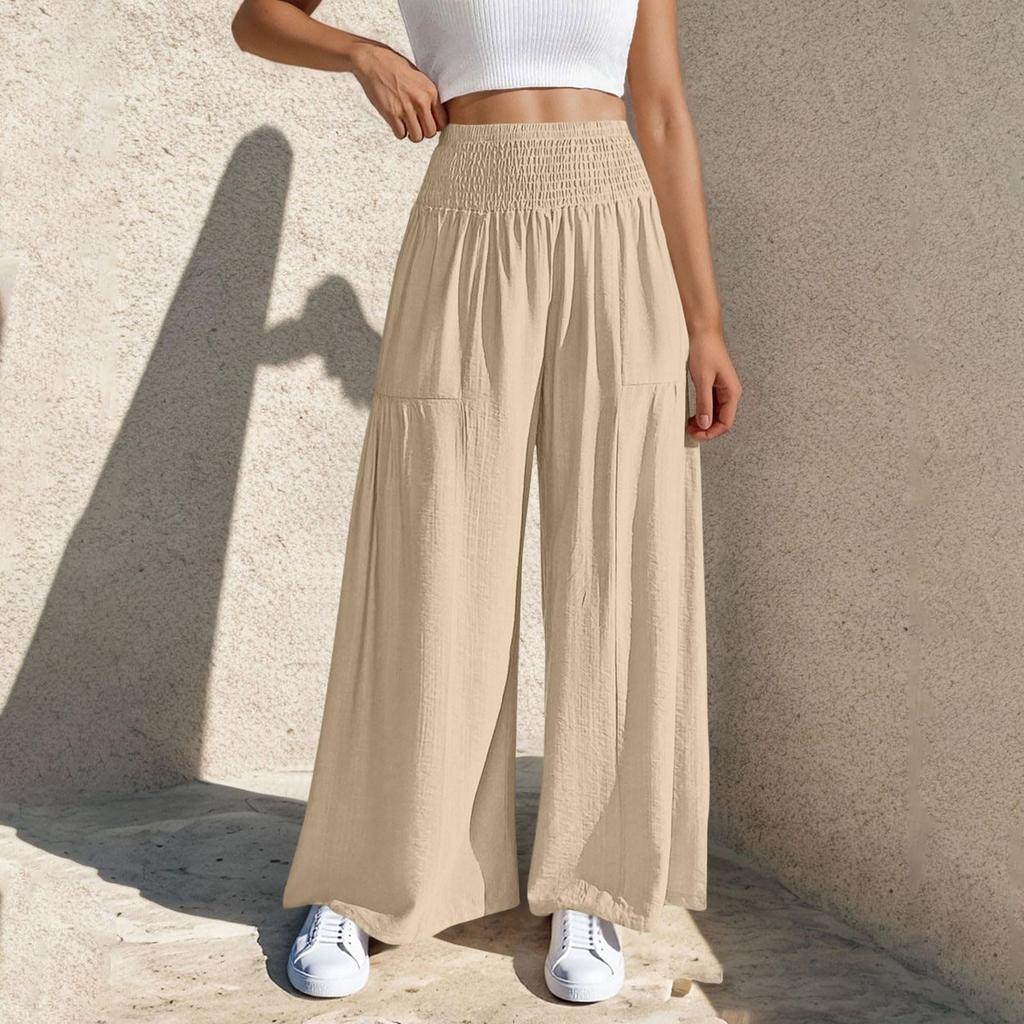 Linen Casual Wide Leg Pants For Women Elastic Waist Versatile Business Casual Work Palazzo Trousers With Pockets