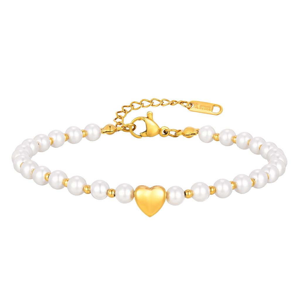 French Elegant Jewelry, Stainless Steel Imitation Pearl Heart Bead Bracelet Br-2733