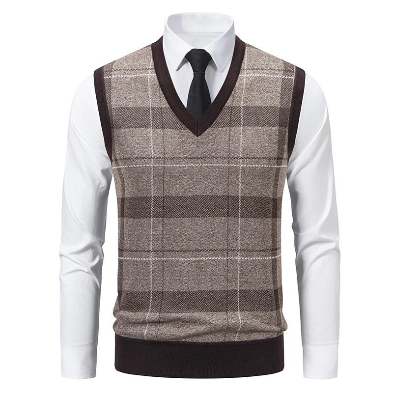 Men's V-neck Knitted Sweater Warm Autumn Winter Diamond Grid Twisted Flower Casual Fashion Versatile Knit Top