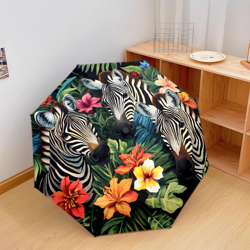 1 PC Automatic Folding Umbrella - Zebras In Tropical Flowers Pattern, Portable & Foldable Design with 8 Ribs, Christmas Birthday Gifts