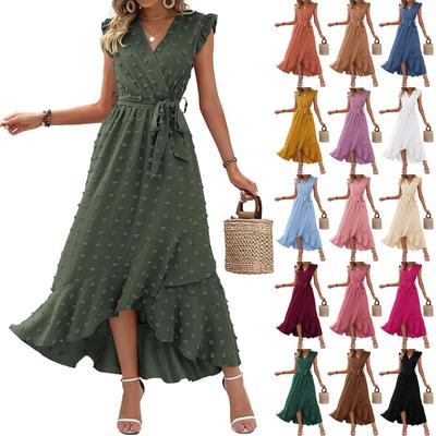 Vestidos de Verano para Mujer con Volantes en las Mangas, Color Sólido, Lunares, Estilo Boho en la Cintura