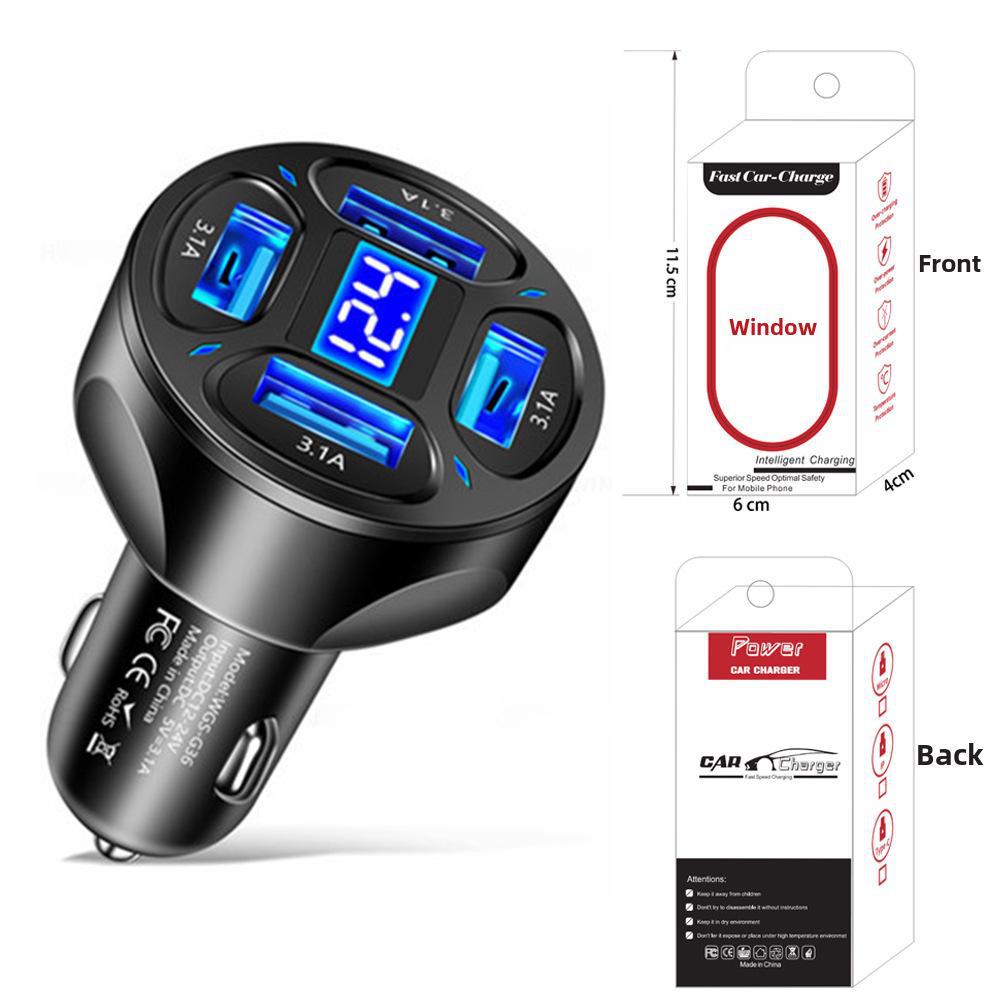 3.1A 4-Port Car Charger with Digital Display and Voltage Indicator
