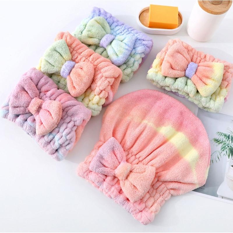 Pack of 2 Super Soft Corals Fleece Bath Cap Rainbow Gradients Fast Drying Elastic Hair Towel Wrap Turban for Women